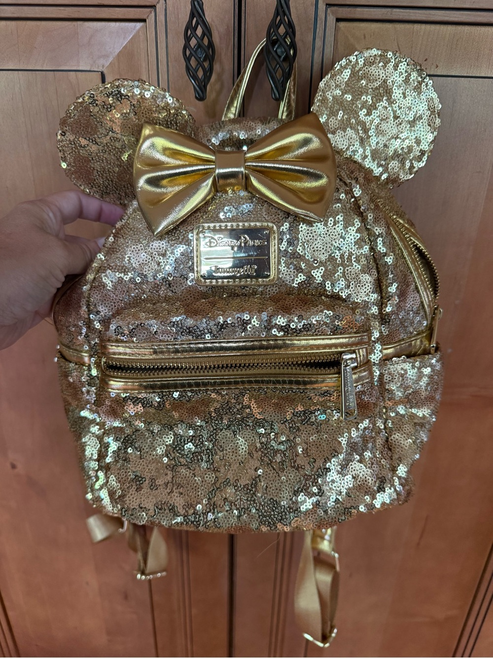 Loungefly Gold Sequin Minnie Ear Mini Backpack with Metallic Bow